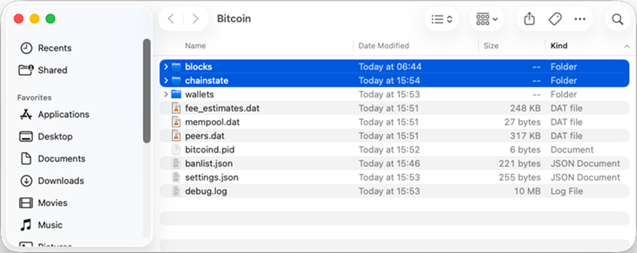 Bitcoin data directory on macOS with snapshot folders
